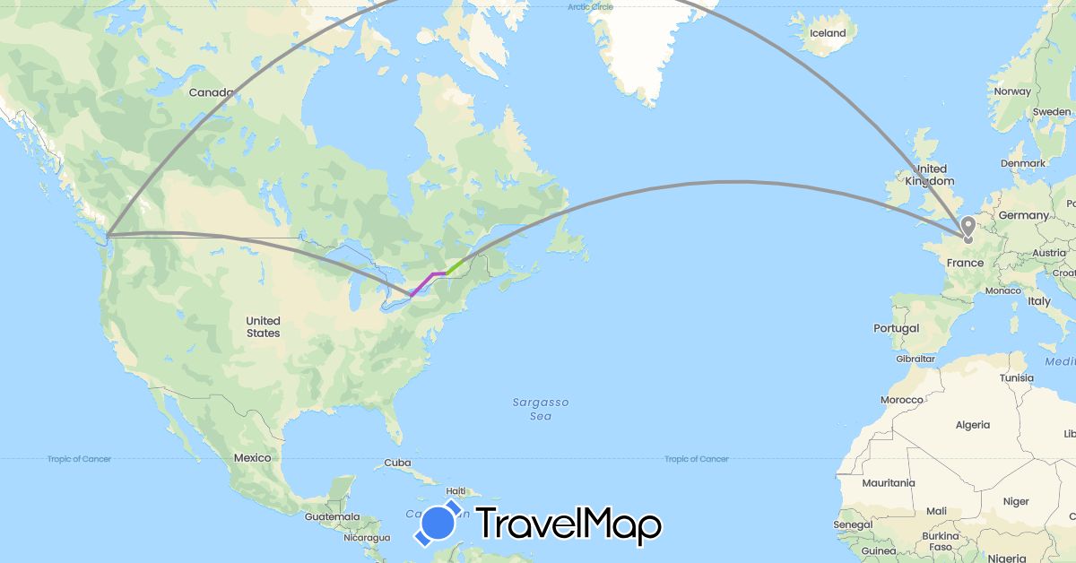 TravelMap itinerary: driving, plane, train, electric vehicle in Canada, France, United States (Europe, North America)
